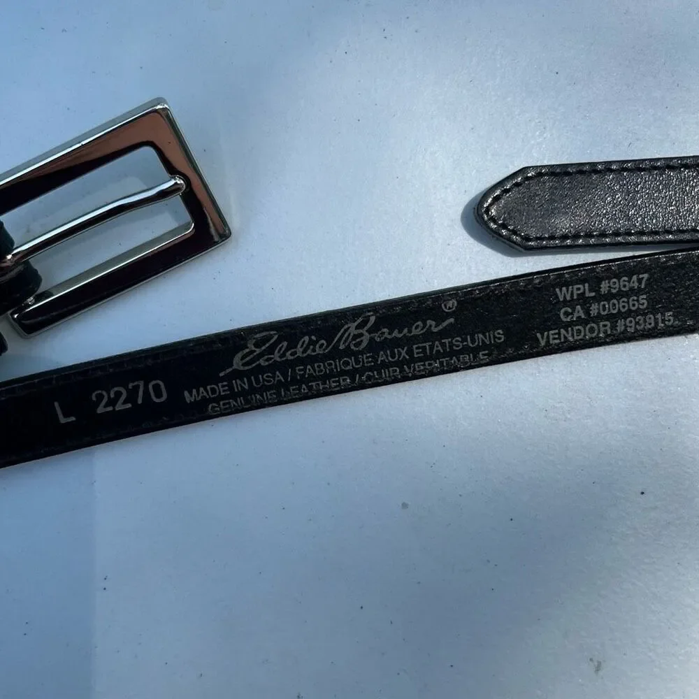Vintage Eddie Bauer Black Leather Belt L Silver Buckle Link Detail 29–33